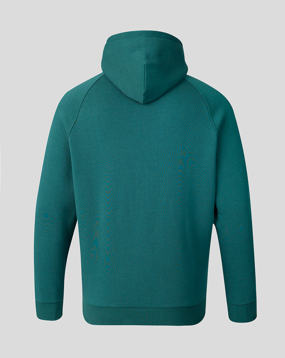 Back view of teal Athletic Club junior travel hooded sweatshirt with hood up.