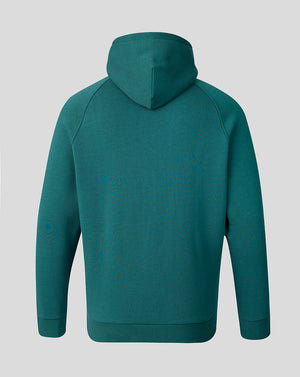 Back view of teal Athletic Club junior travel hooded sweatshirt with hood up.