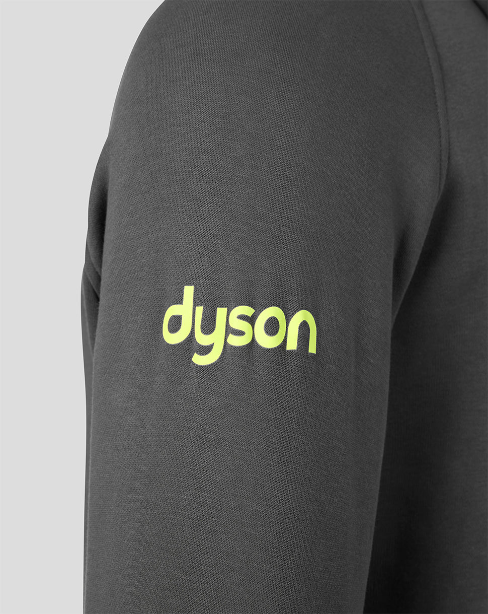 Close-up of a dark gray sweatshirt sleeve featuring a bright neon yellow-green 'dyson' logo printed on the upper arm.