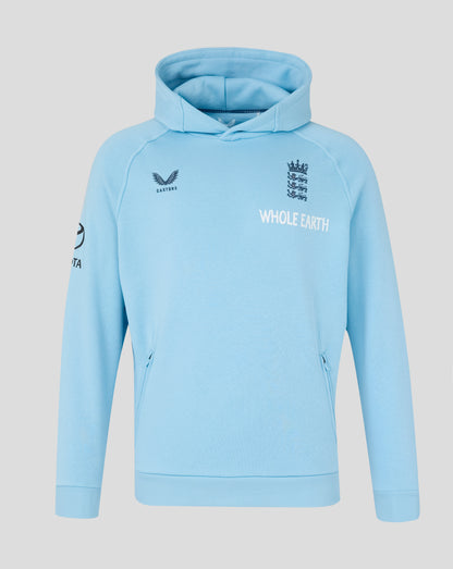 Light blue hoodie with branding on a light gray background