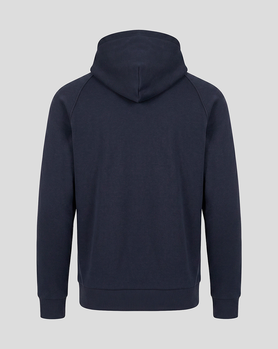 Back view of a navy FC Twente Adapt travel fleece hoodie showing a plain design with a hood and ribbed hem.