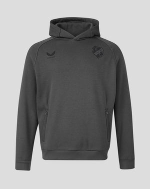 Front view of dark gray FC Utrecht Adapt Travel fleece hoodie with hood zip pockets and club crest on chest