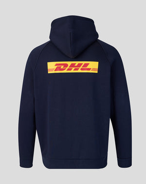Navy blue hoodie with DHL logo on the back against a light gray background