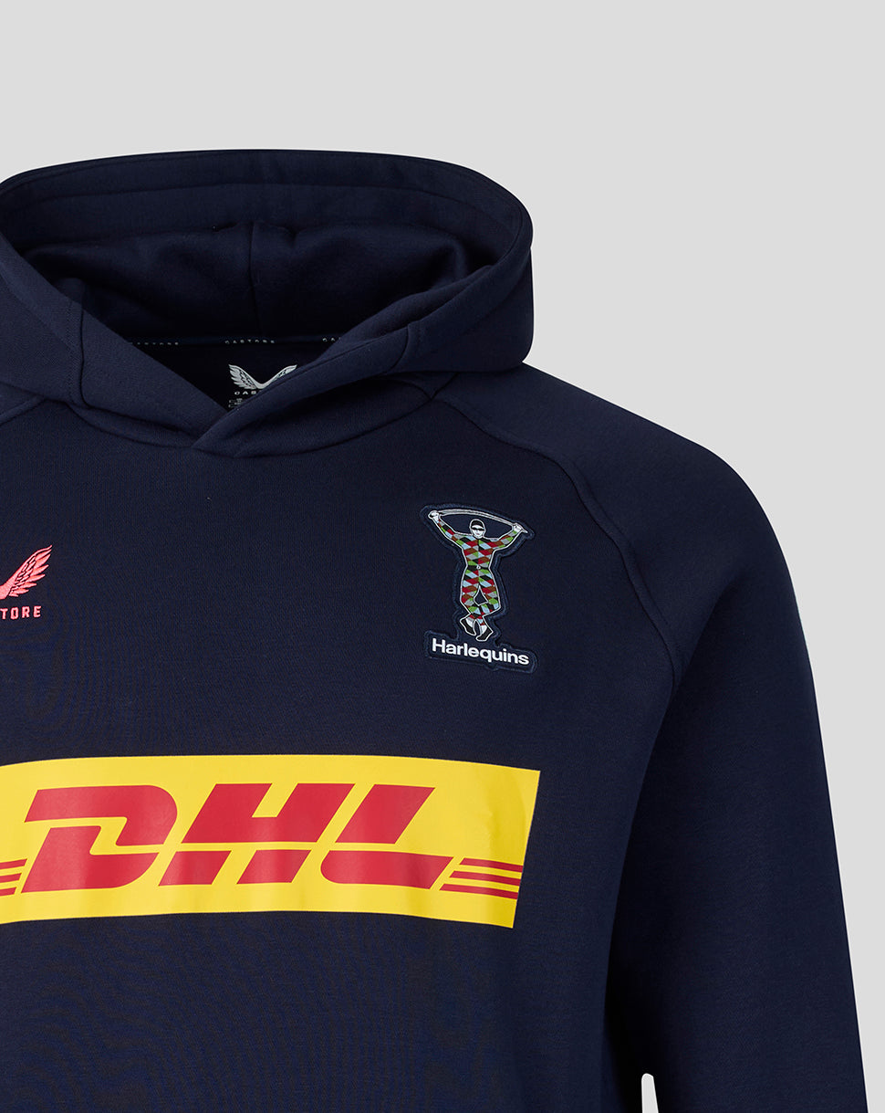 Navy hoodie with Harlequins logo and DHL branding on a light gray background