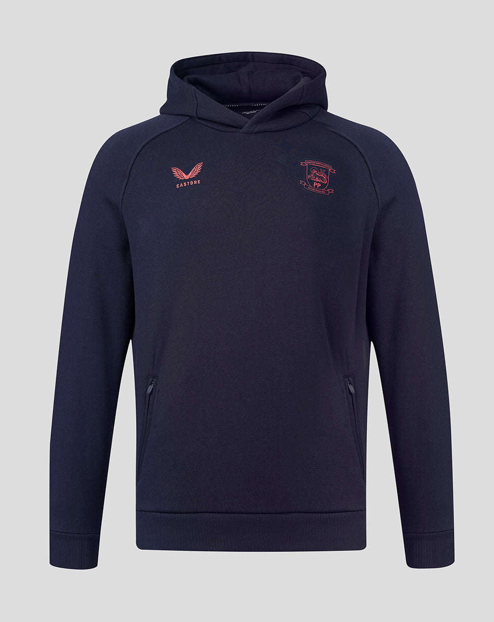 Navy blue hoodie with red logos on a light gray background