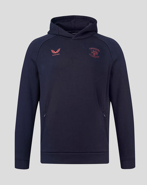 Navy blue hoodie with red logos on a light gray background