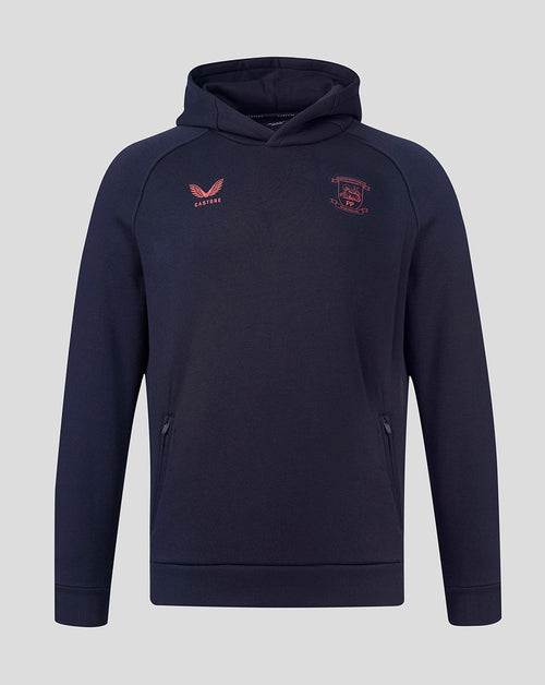 Navy blue hoodie with red logos on a light gray background