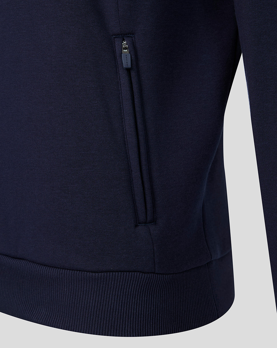 Navy blue hoodie with a zipper on a light gray background