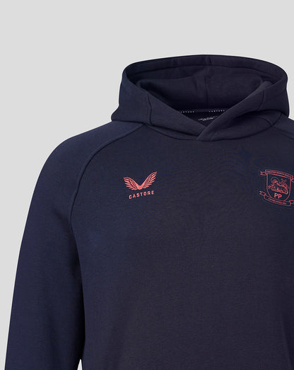 Close-up of a navy hoodie on a white background