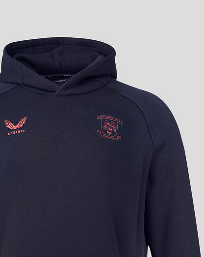 Navy hoodie with embroidered logos on a light gray background