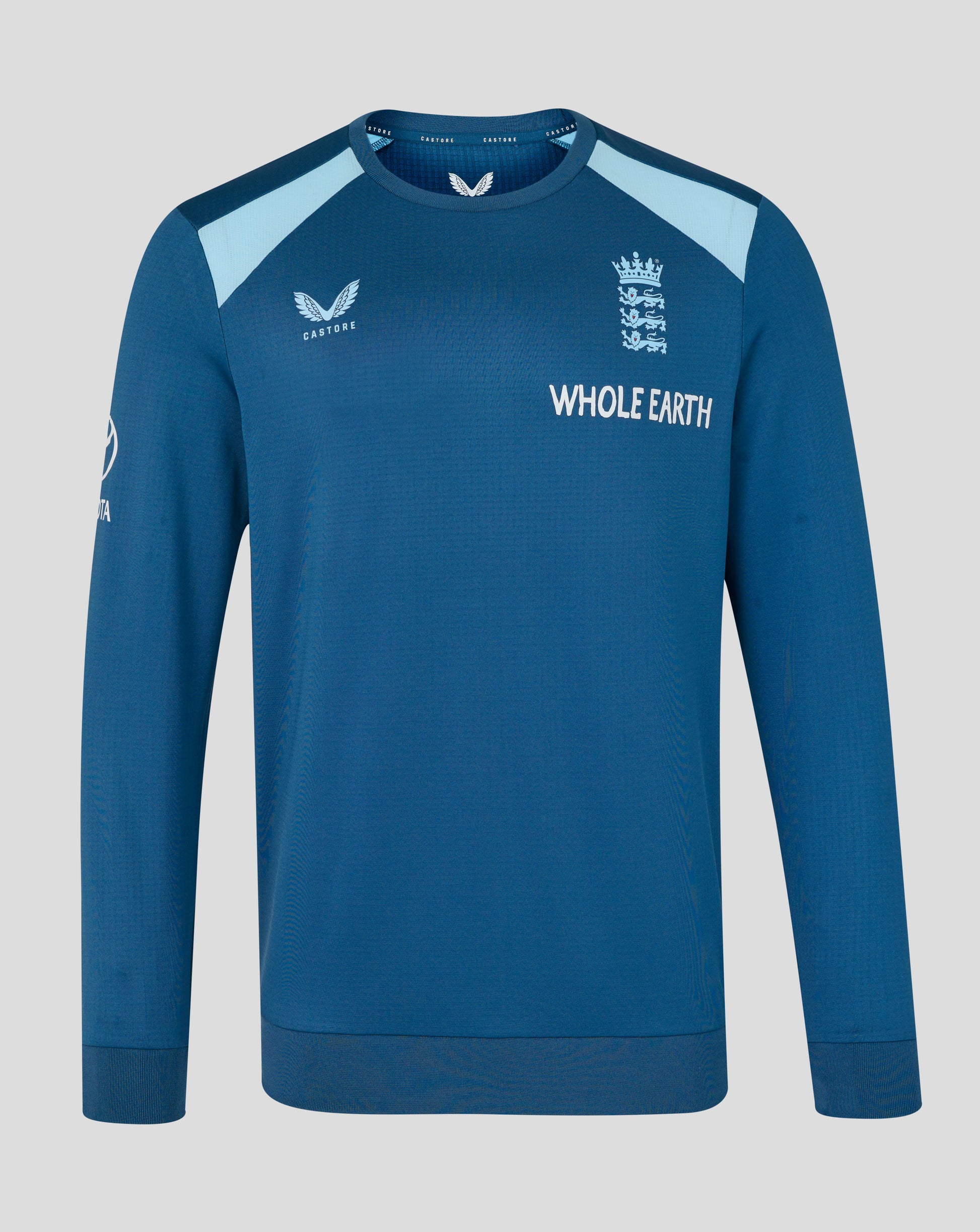 Blue sweatshirt with branding on a gray background