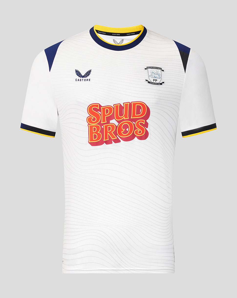 White sports jersey with 'Spud Bros' text and branding on a gray background