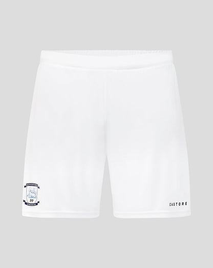 White shorts with brand logos on a light gray background