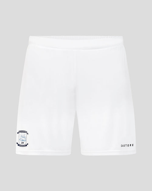 White shorts with brand logos on a light gray background