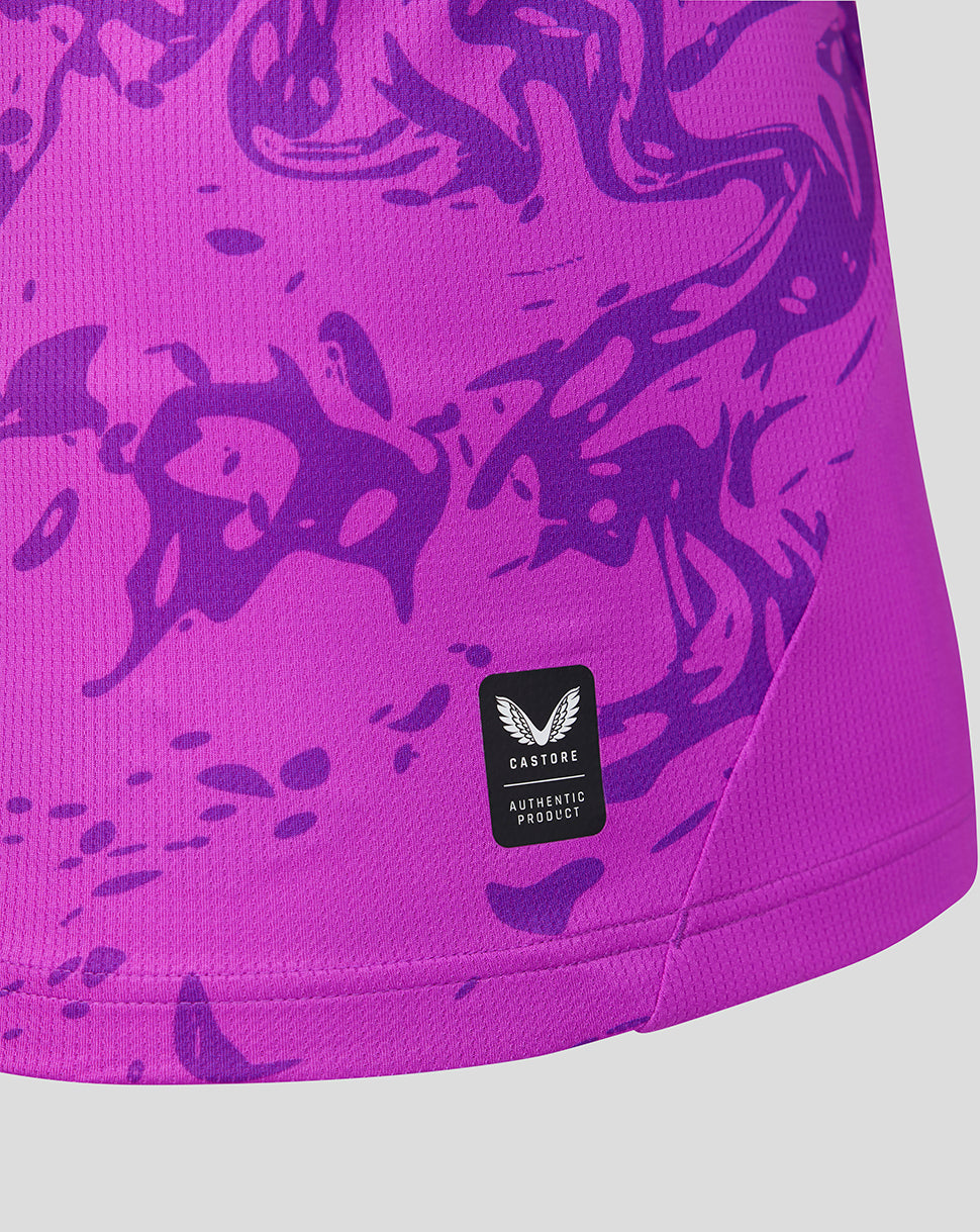 Purple athletic shorts with black abstract pattern and Castore logo.