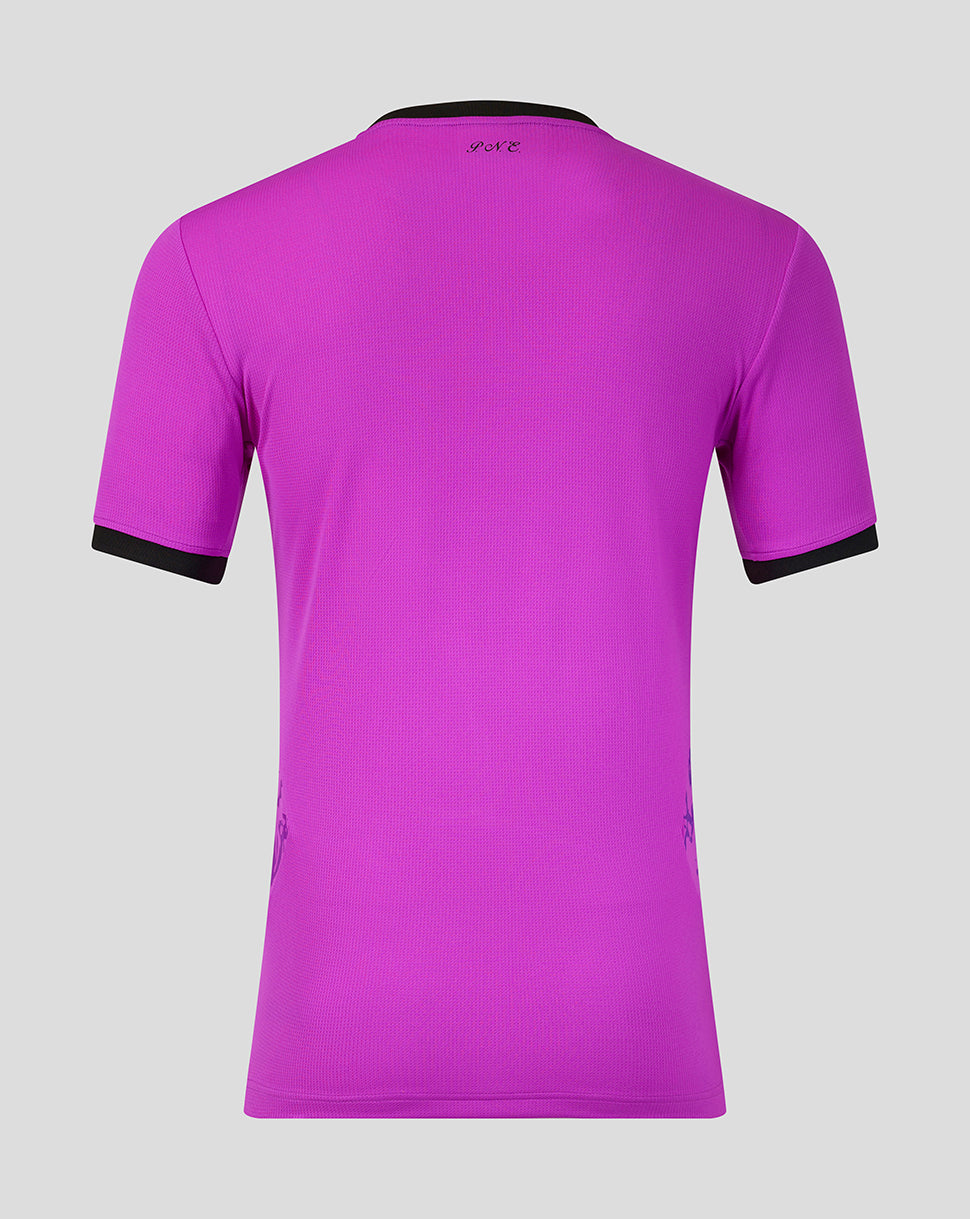 Purple t-shirt with black accents on a gray background