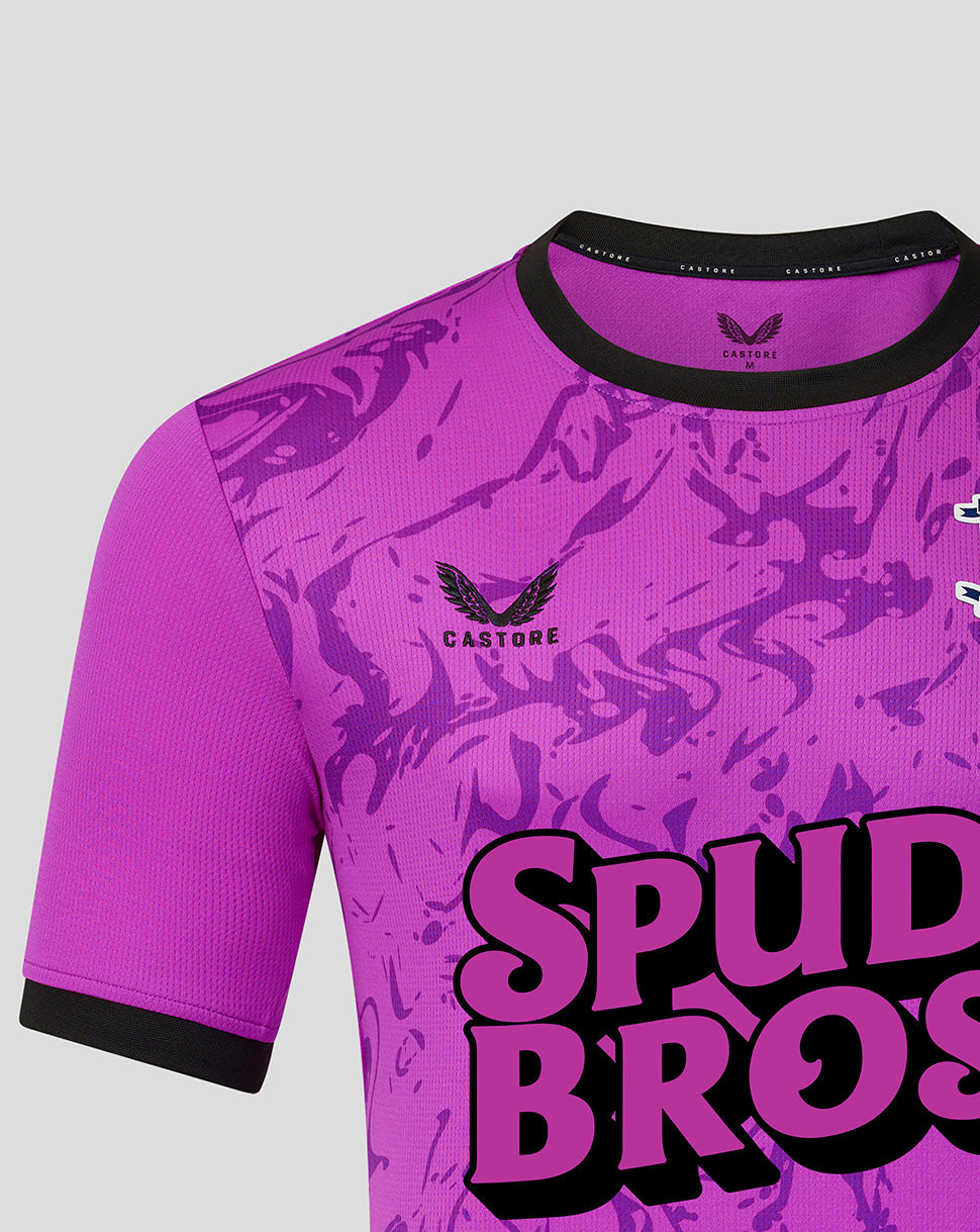 Purple sports jersey with 'Spud Bros' text and Castore logo on a light gray background