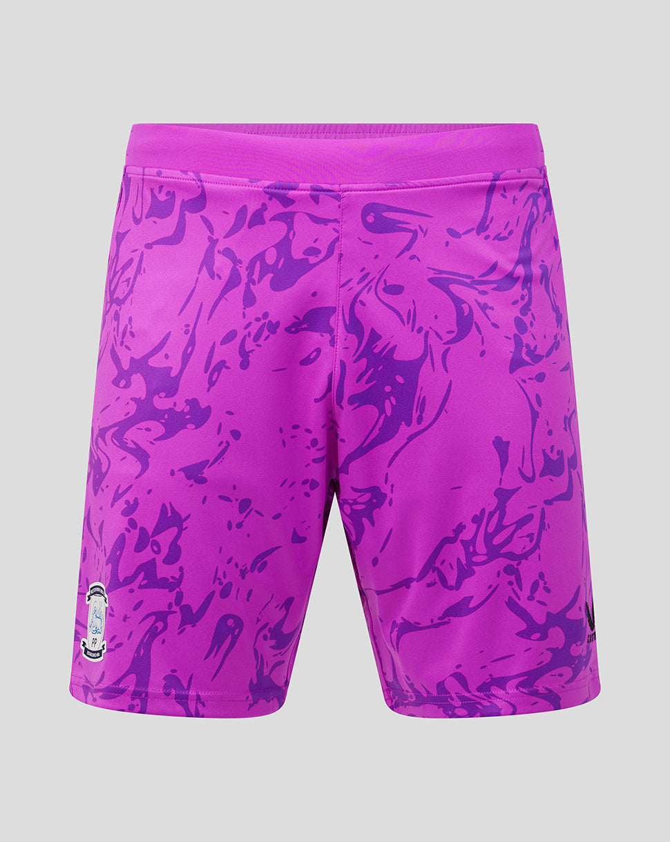 Purple shorts with a pattern on a gray background