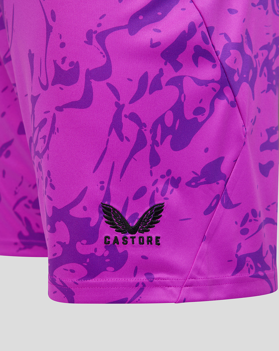 Purple athletic shorts with black abstract pattern and 'Castore' logo.