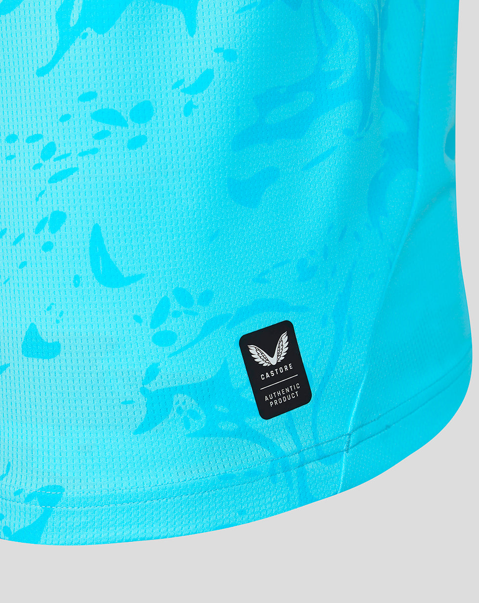 Blue athletic shorts with a brand logo on a white background