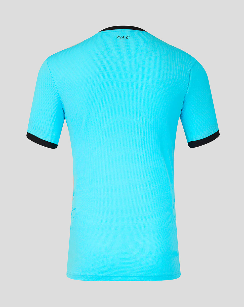 Blue t-shirt with black trim on a gray background