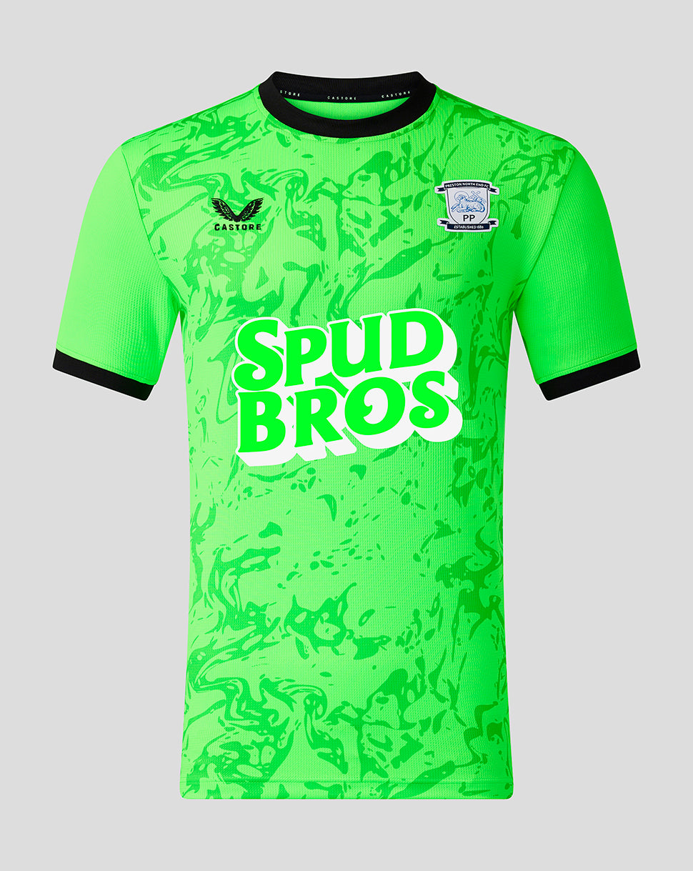 Front view of neon green Preston North End goalkeeper shirt with black trim and SPUD BROS logo across the chest.