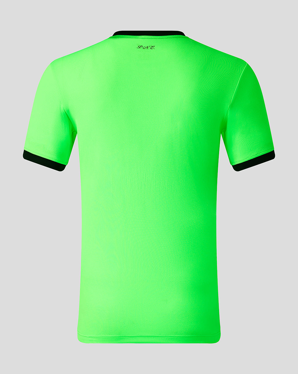 A bright neon green short-sleeve athletic shirt shown from the back, featuring black trim on the collar and sleeve cuffs, set against a solid gray background.