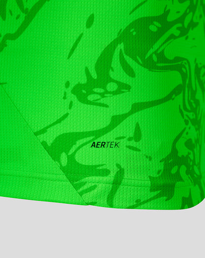 Close-up of a bright neon green athletic fabric with a darker green abstract pattern and the visible AERTEK logo near the center.