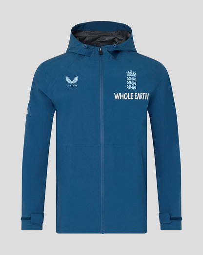 Blue jacket with branding on a light gray background