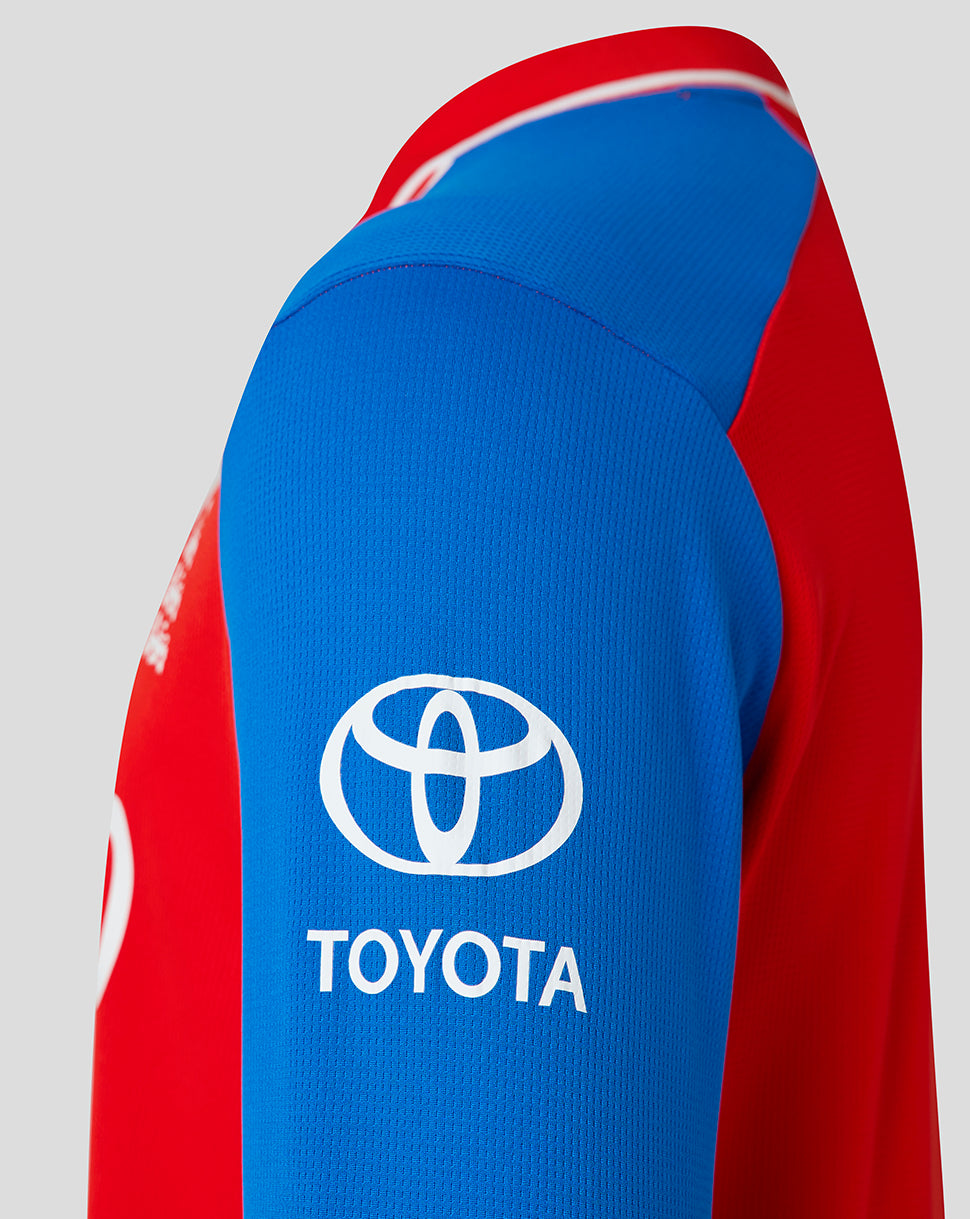 Red and blue sports jersey with Toyota logo on a gray background