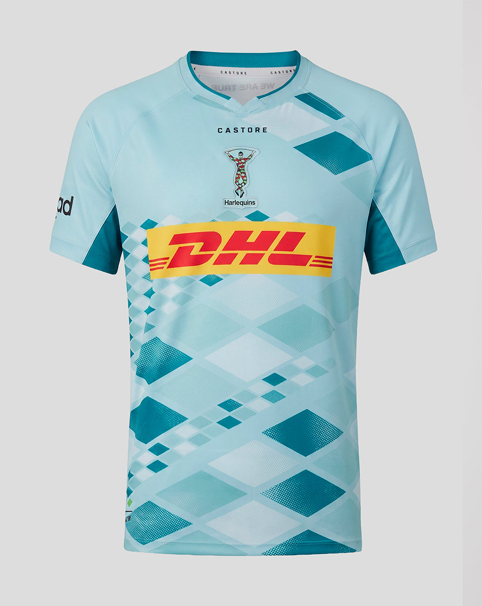 A light blue and teal short-sleeve sports jersey with a geometric diamond pattern, featuring a large yellow DHL logo across the chest and Castore branding above it.