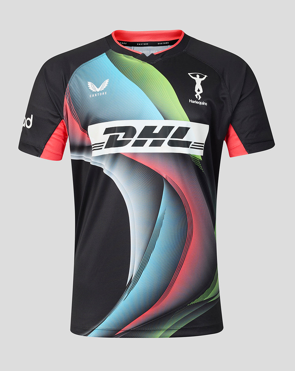 A black short-sleeve athletic jersey with a vibrant graphic design featuring diagonal waves of light blue, lime green, and red. The jersey has a large white 'DHL' logo across the chest, a white 'Castore' wing logo on the right chest, and a white 'Troya' logo on the left chest, set against a solid gray background.