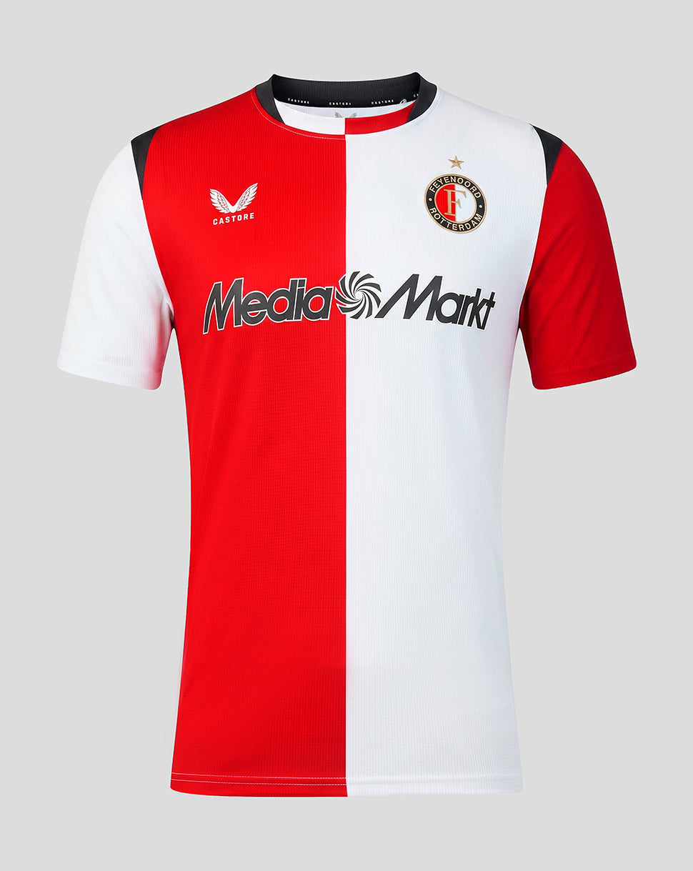 Front view of Feyenoord 2026-27 home shirt with red and white vertical halves, crest on the left chest and MediaMarkt across the front.