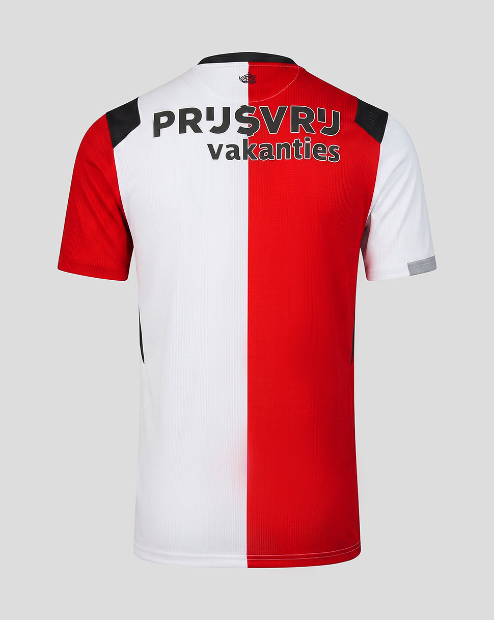 Back view of Feyenoord 2026-27 home shirt with red and white vertical split and bold text across the upper back.