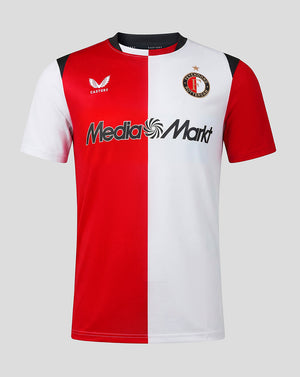 Front view of Feyenoord 2026-2027 home pro shirt red and white split with crest on the left chest and Castore and MediaMarkt logos
