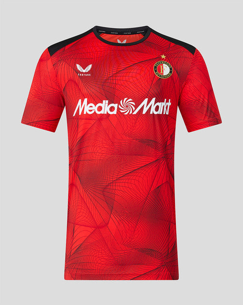 Red Feyenoord 2026-27 home shirt with black shoulders, crest on the left chest and Media Markt across the front.