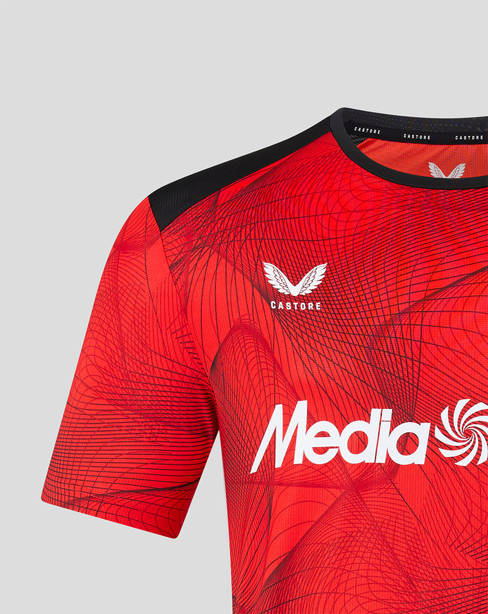 Upper front of Feyenoord home shirt with crest on left chest Castore branding on collar and MediaMarkt sponsor across the chest.