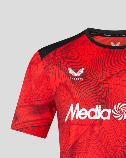 Upper front of Feyenoord home shirt with crest on left chest Castore branding on collar and MediaMarkt sponsor across the chest.