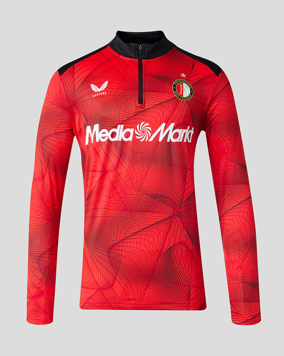Feyenoord men's 2026-2027 home matchday midlayer in red with a black standing collar and quarter zip, featuring the Feyenoord crest and Castore logo