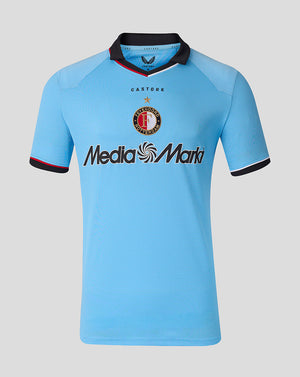 Front view of light blue Feyenoord away shirt featuring Media Markt sponsor and club crest