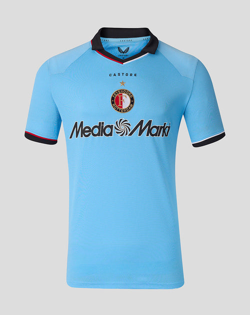 Front view of light blue Feyenoord away shirt featuring Media Markt sponsor and club crest
