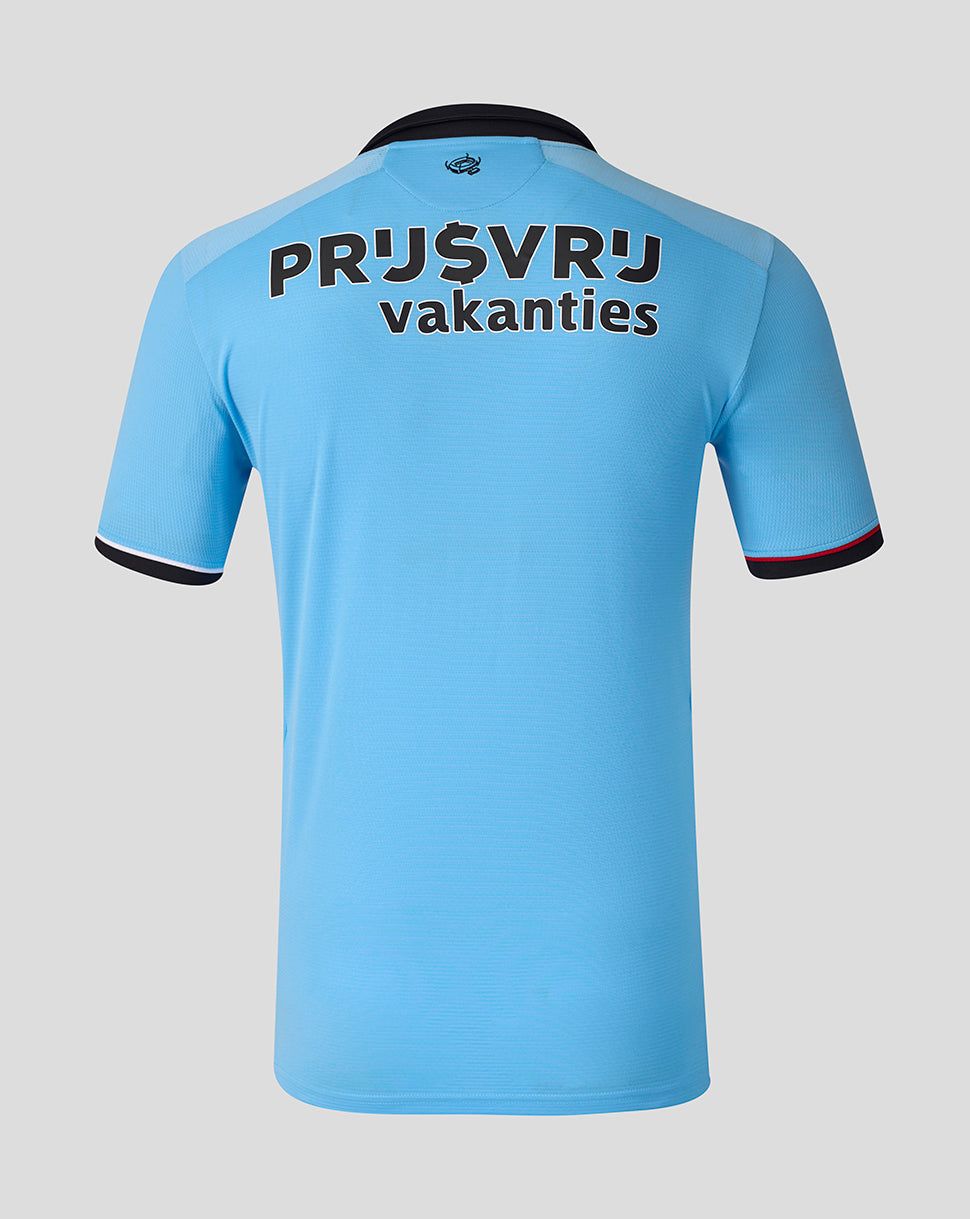 Back view of light blue Feyenoord away shirt with bold black text across the upper back and dark sleeve cuffs
