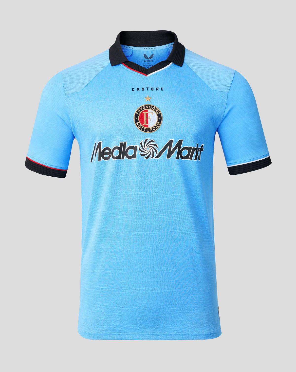 Feyenoord Pro 2026-27 away shirt in light blue with crest and MediaMarkt sponsor.