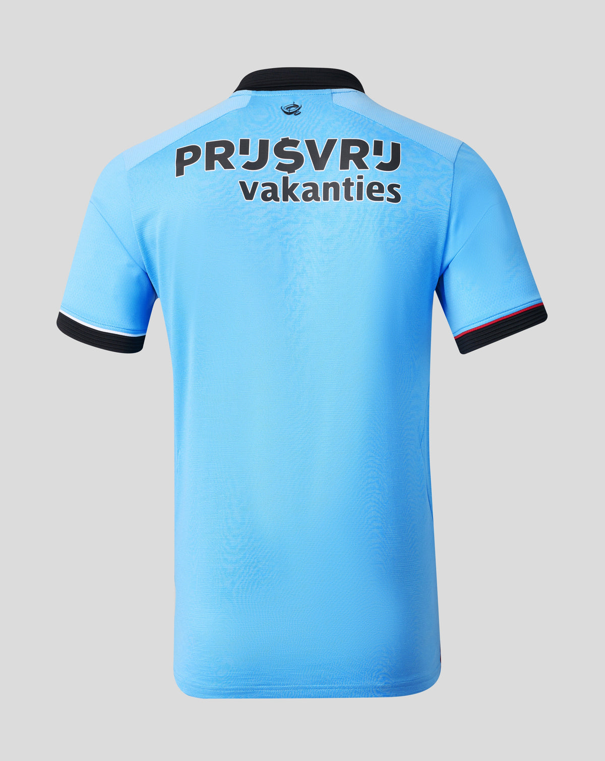 Back view of a light blue Feyenoord Pro away shirt with large black lettering across the back and a small club crest near the neck, black collar.