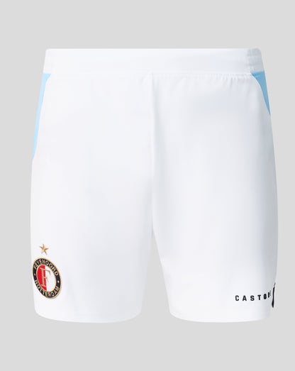 Front view of Feyenoord Men's 2026-2027 Away Pro Shorts in white with light blue side panels and club crest