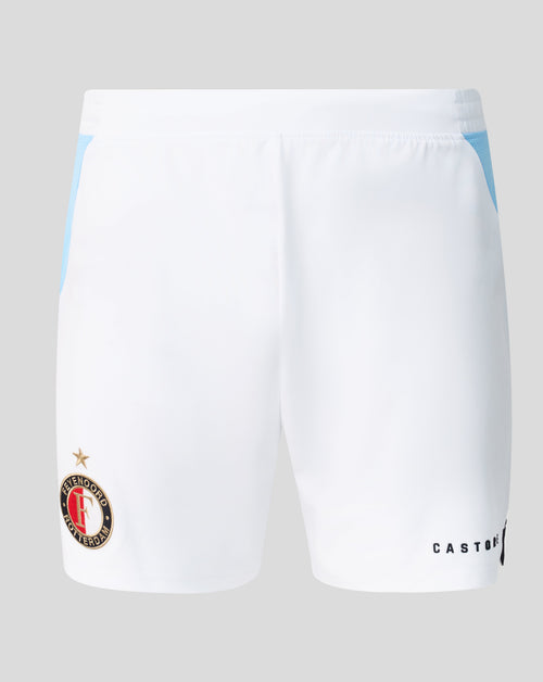 Front view of Feyenoord Men's 2026-2027 Away Pro Shorts in white with light blue side panels and club crest