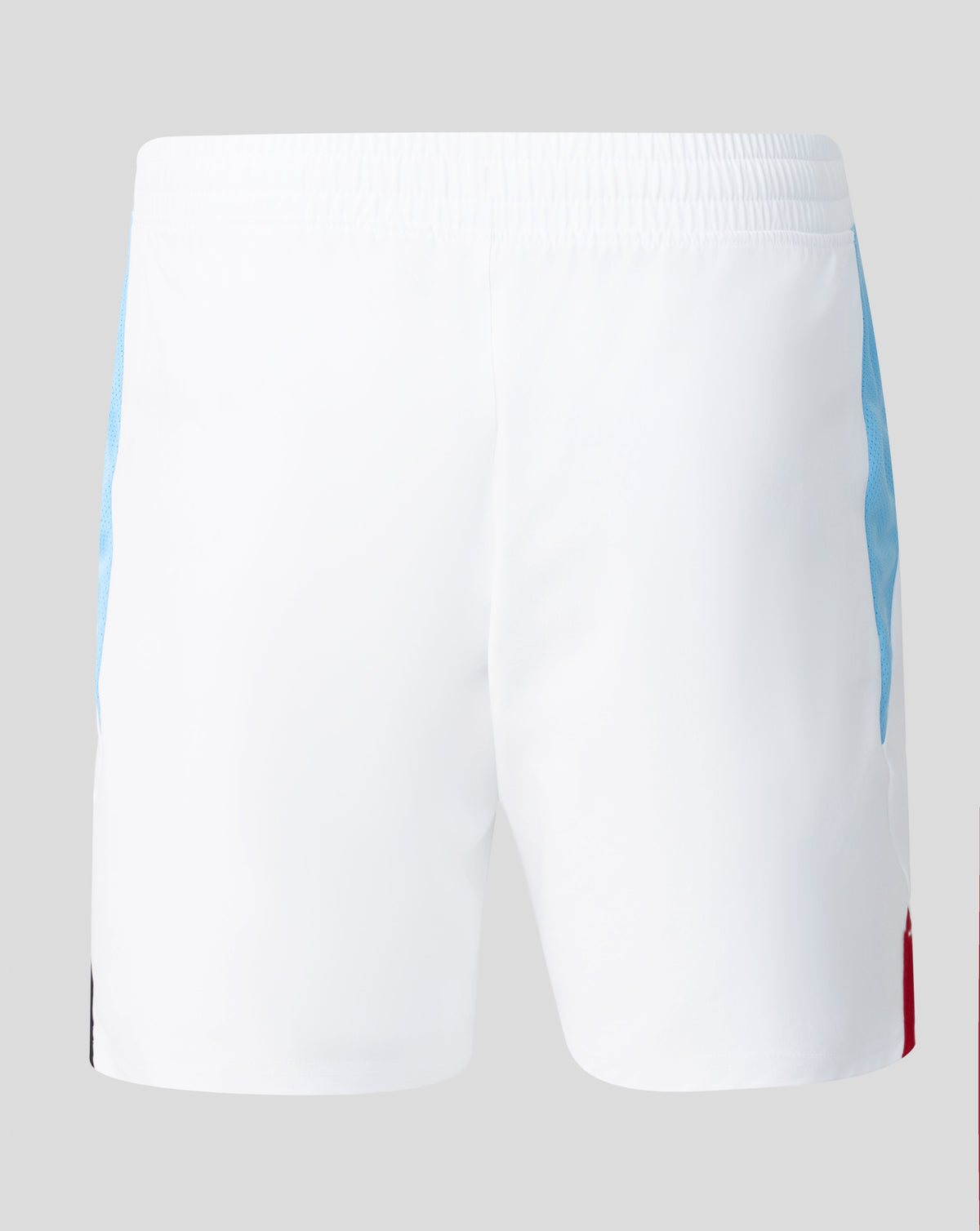 Close up of Feyenoord away Pro Shorts showing white fabric with an elastic waistband and a light blue side panel