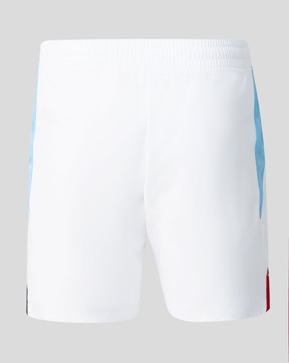 Close up of Feyenoord away Pro Shorts showing white fabric with an elastic waistband and a light blue side panel
