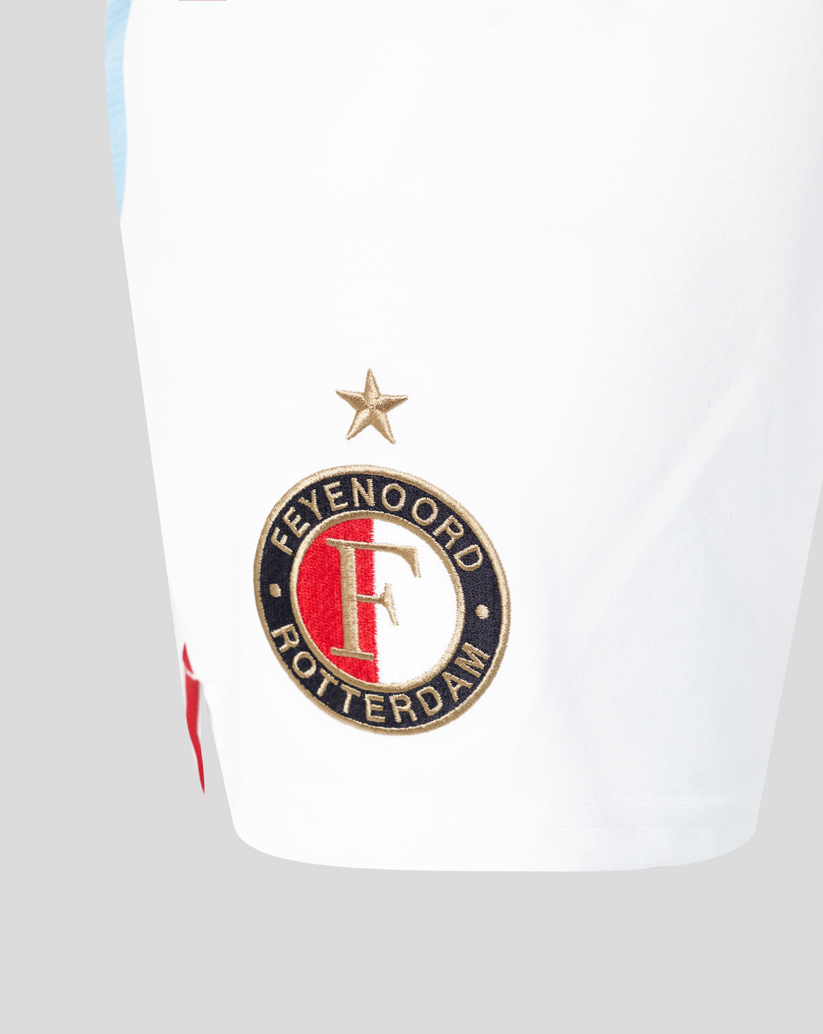 Feyenoord away Pro Shorts with white fabric and light blue trim, featuring club crest on the side