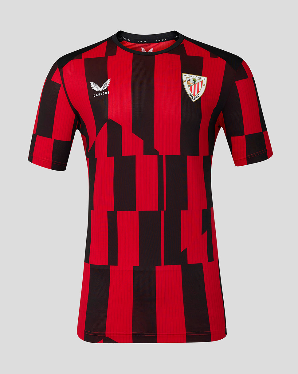 Athletic Club 26/27 matchday shirt with red and black geometric blocks and crest on the chest